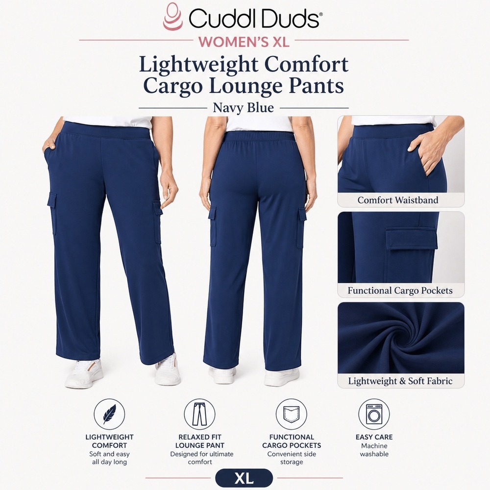 Cuddl Duds Womens XL Lightweight Comfort Cargo Lounge Pants Navy Blue NWT